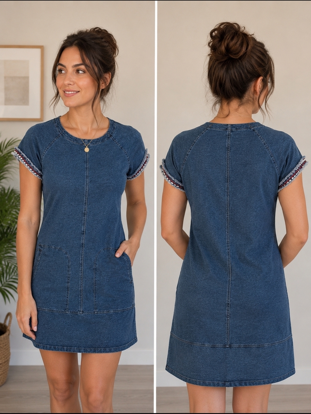 MAX Jeans Denim Shift Dress Small Frayed Sleeve Pocket Dress
